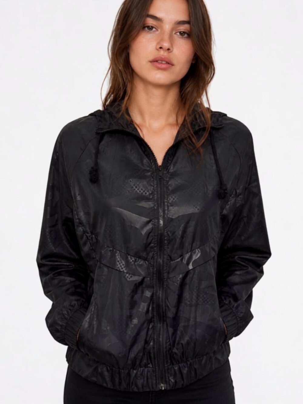 UNIONBAY Black Windbreaker Jacket Womens Sz Small Hooded Full Zip Outerwear Fall